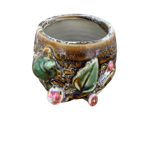 Beautiful Ceramic Pottery Planter Brown Floral Turtle  Painted Small - Picture 2 of 5